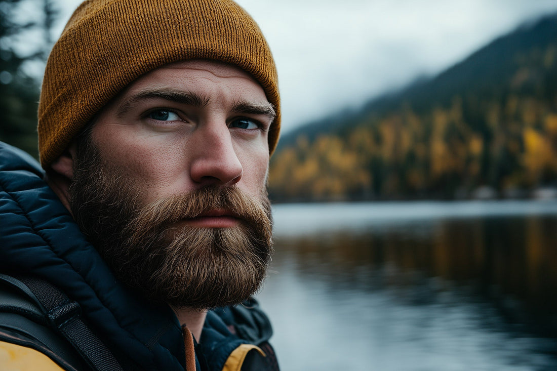 Attractive Canadian Bearded Man on a river bank looking into the camera. he is well groomed with Canadian made beard care