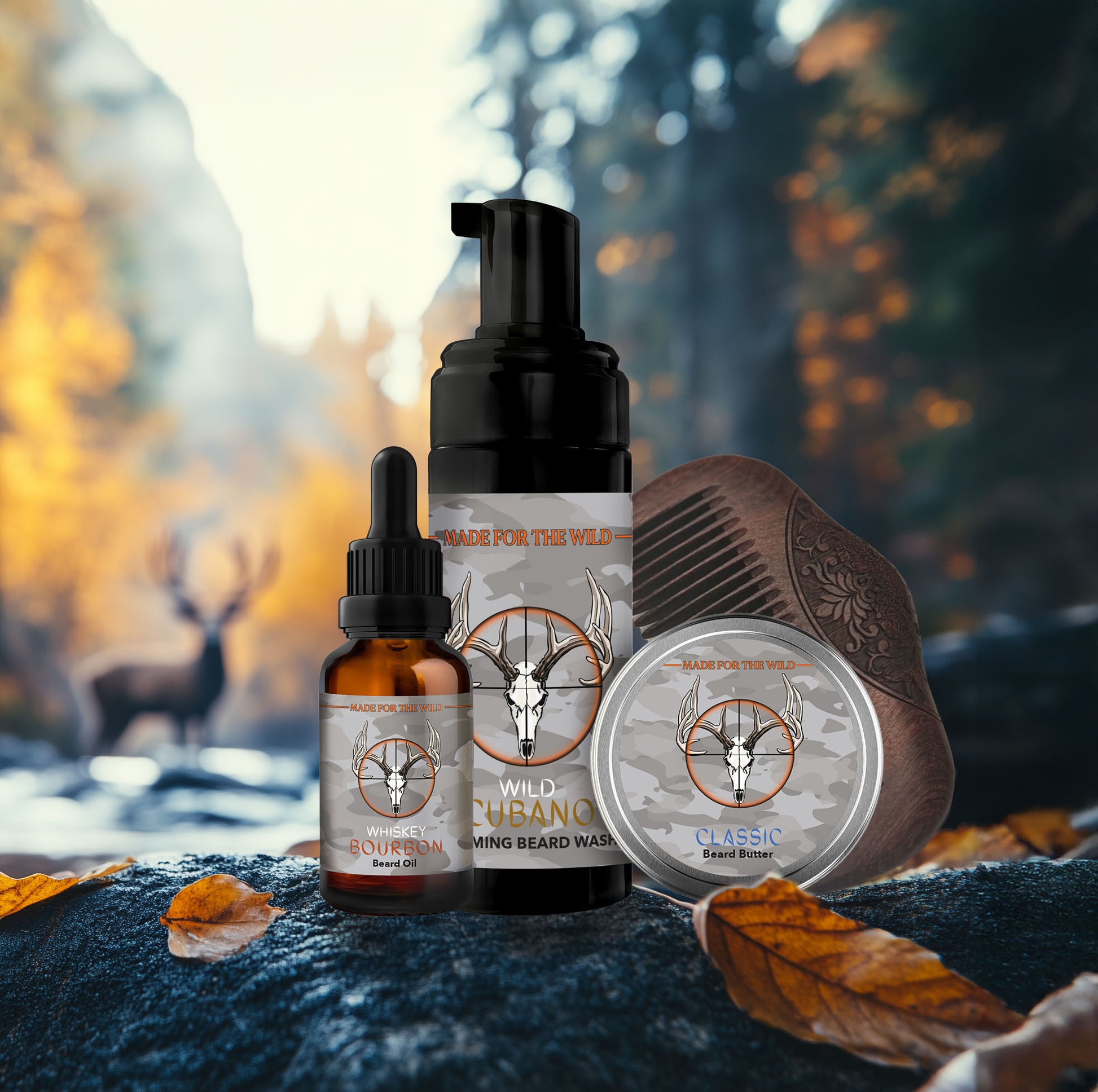 Dead on Hunting Beard Care Bundle - Beard Oil, Beard Butter, Beard Wash and a Pocket Comb. Nature scene with a deer in the background