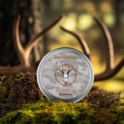 Whiskey Bourbon Beard Butter by Dead On Hunting | Made in Canada on a nature background with antlers in the back