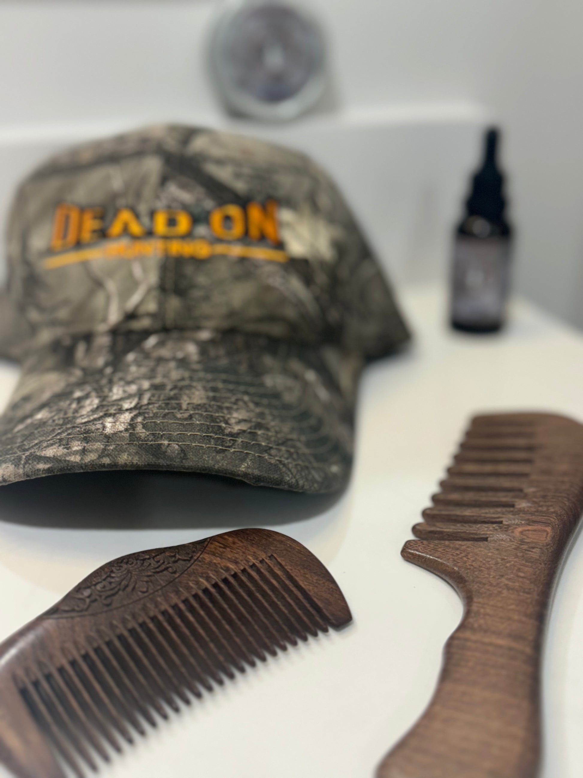 Dead on Hunting - Wooden Salon Anti-Static Wide Tooth Comb trucking hat and beard oil in the background