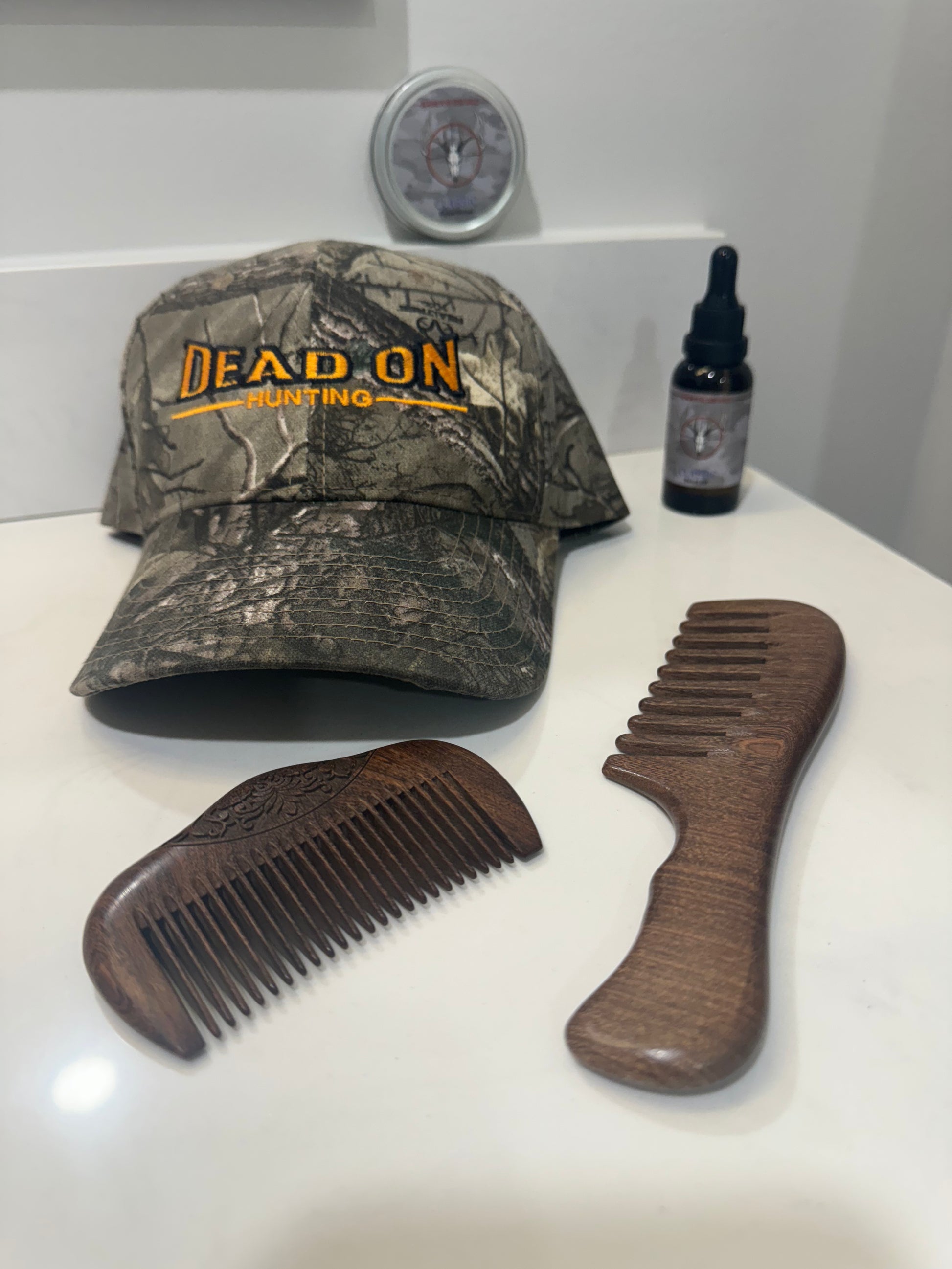 Dead on Hunting combo Pocket Wooden Comb, Wooden comb, Beard Oil, and camo Trucker Hat